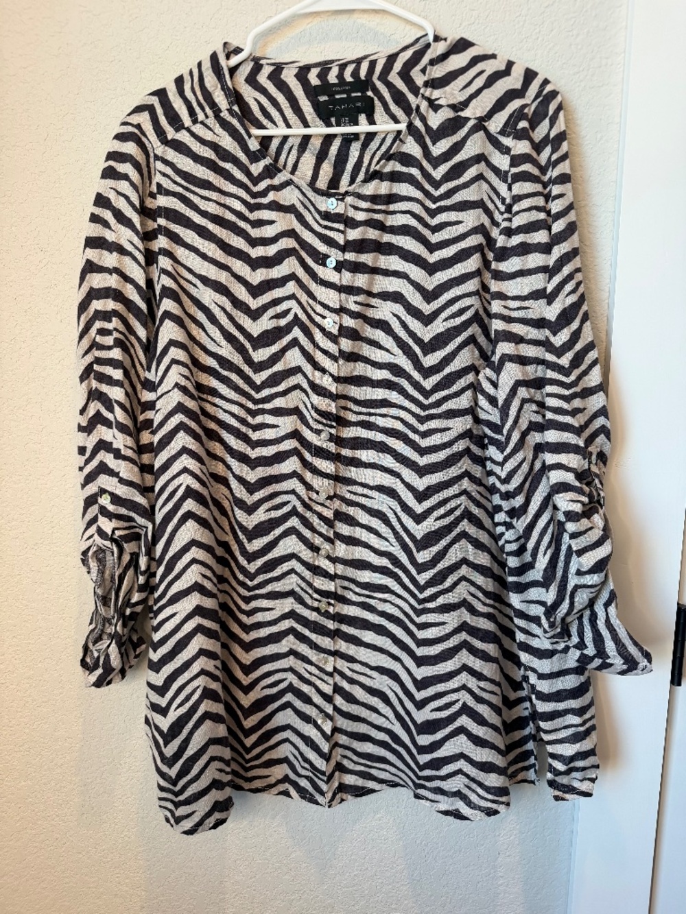 Tahari Brown Zebra Print Button Front 100% Linen Top Size 3X